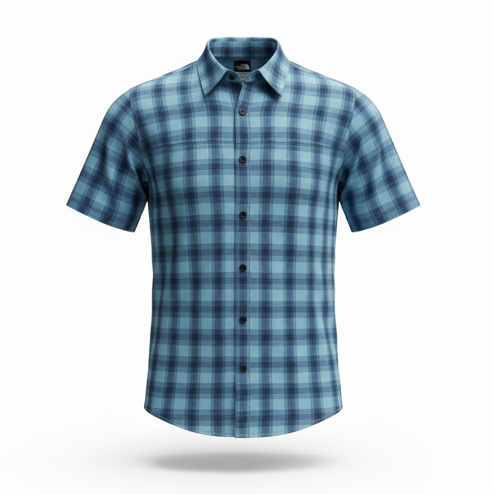 The North Face Mens Blue Plaid Short Sleeve Hiking Shirt Large Zipper Pocket